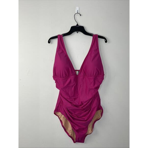 J Crew Ruched V Neck One Piece Swimsuit Womens 18 Radiant Fuchsia Pink Swim Suit - Picture 1 of 8